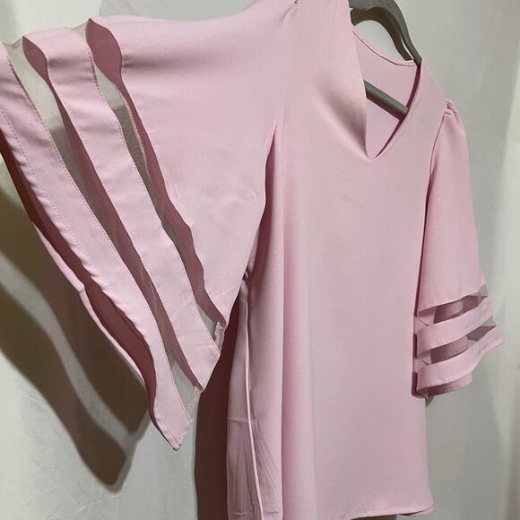 New Lantern Bell Sleeve Dusty Pink V Neck Blouse Top - Picture 6 of 12